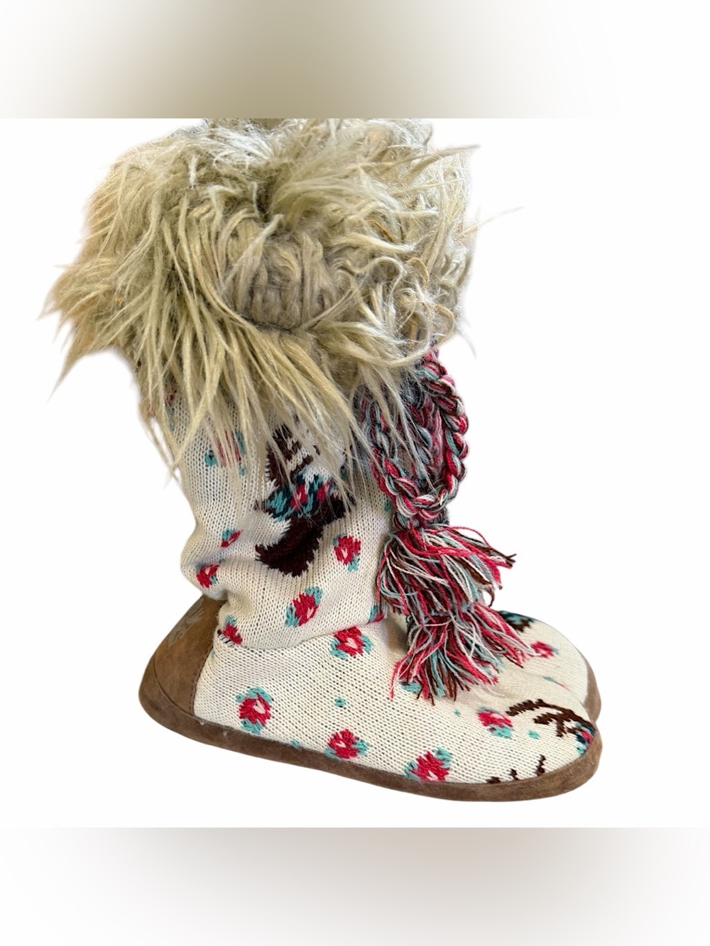 New VtG Y2K Muk Luks Womens Bohemian Plush Bootie Slippers Deer Floral Medium